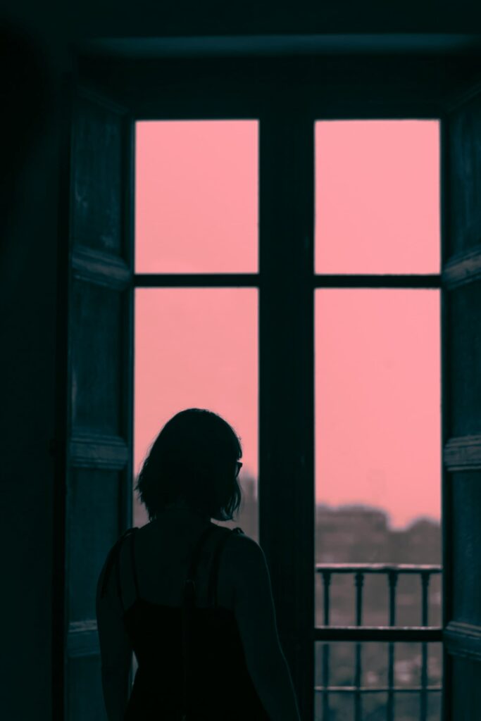 A silhouetted woman stands in front of a tall window with open wooden shutters, gazing out at a city under a pink-toned sky.
